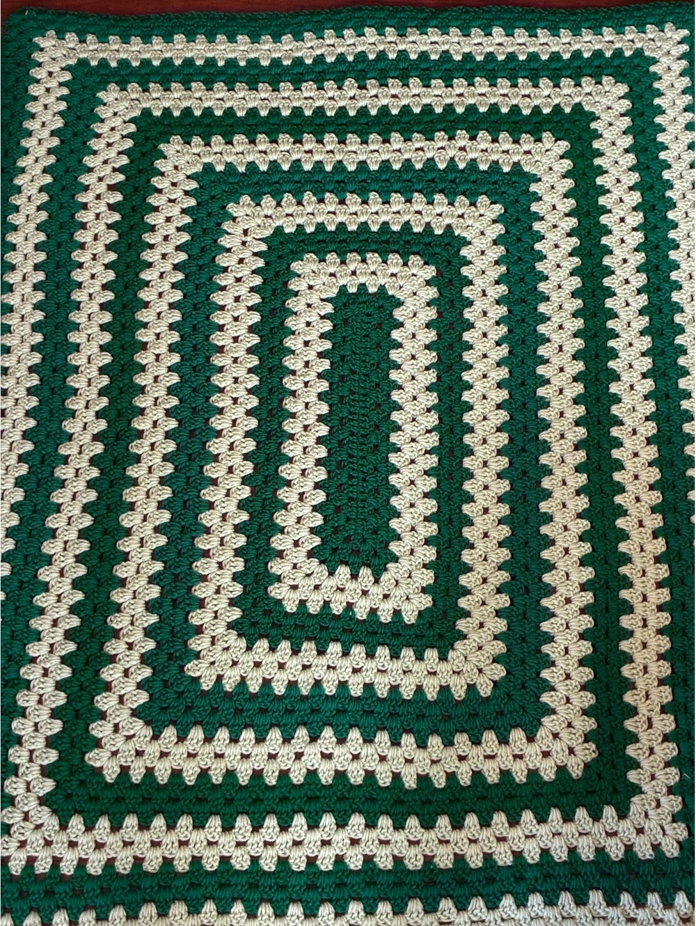 Vintage Handmade Crochet Granny Blanket – Emerald Green & Cream Afghan Throw